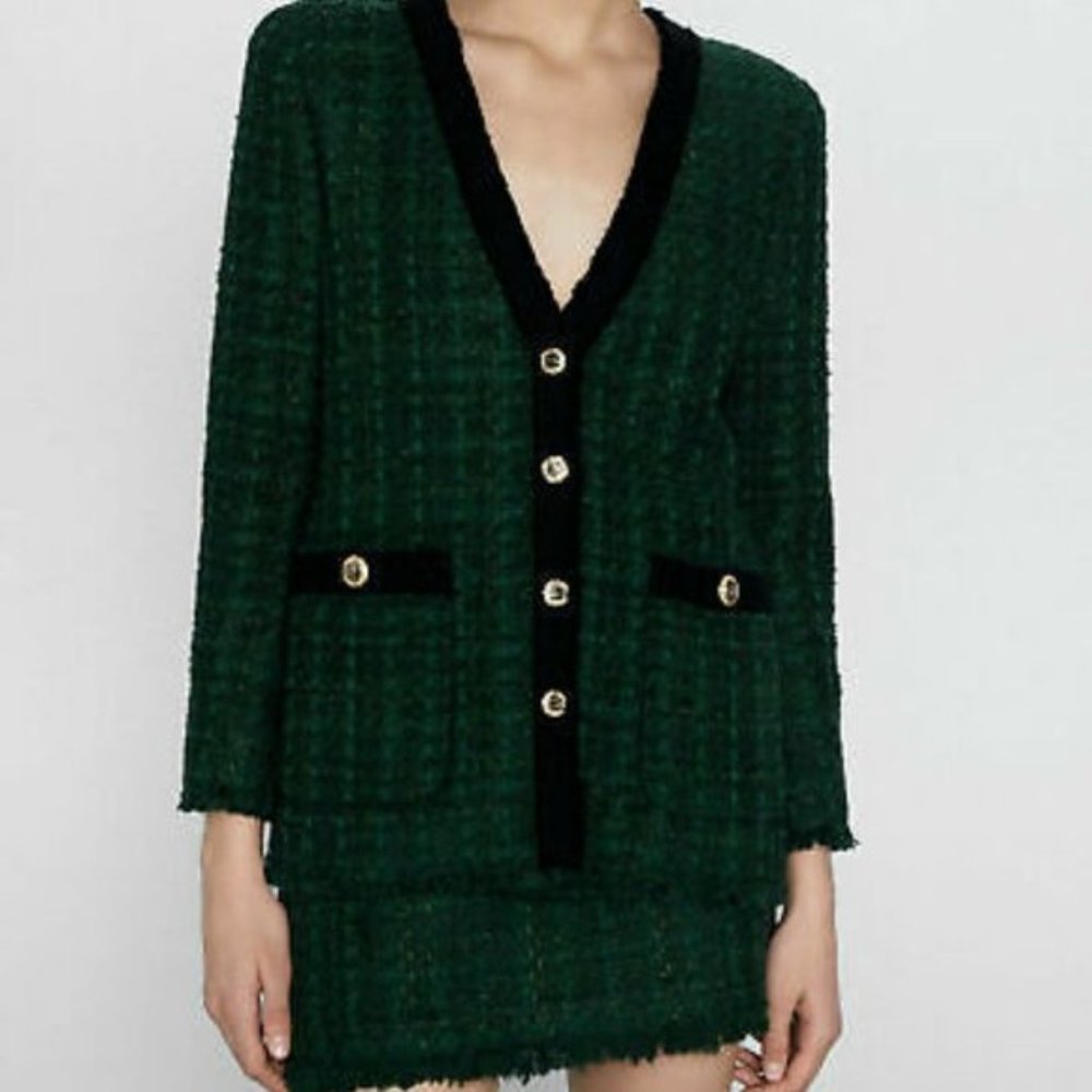 Zara green tweed contrast trim jacket SZ M